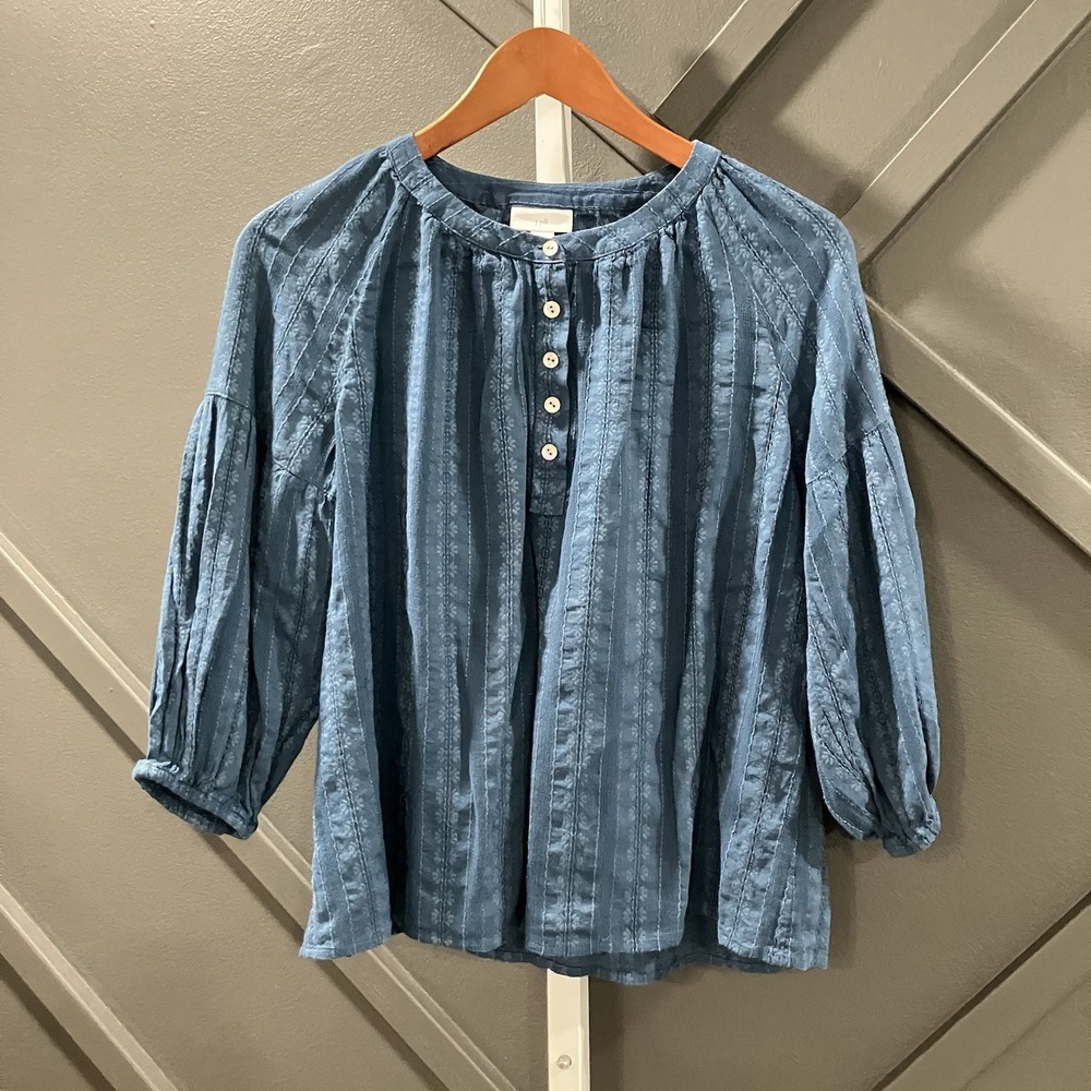 J.Jill Blue Floral Textured Cotton Blend Peasant Blouse 3/4 Sleeve Petite XS